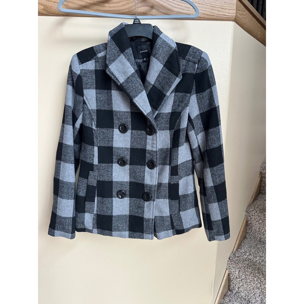 Rampage Womens Charcoal Caviar Plaid Pea Coat Jacket Grey Black Size M
